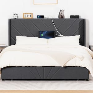 Dark Grey Bed Frame Queen Size w/ Type-C and USB Queen Size Bed Frame with 3-Storage Drawers Upholstered Bed Frame Queen