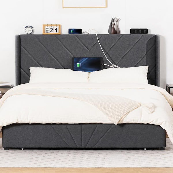 Dark Grey Bed Frame Queen Size w/ Type-C and USB Queen Size Bed Frame with 3-Storage Drawers Upholstered Bed Frame Queen