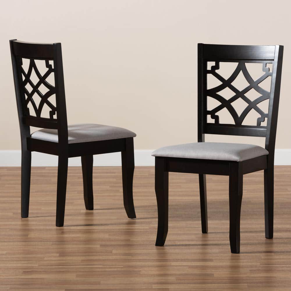 Set of 2 Grey Fabric and Dark Brown Wood Dining Chairs with Cut-Out Back