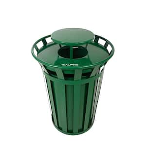 38 Gal. Green Outdoor Metal Slatted Commercial Trash Receptacle with Rain Bonnet Lid Trash Can