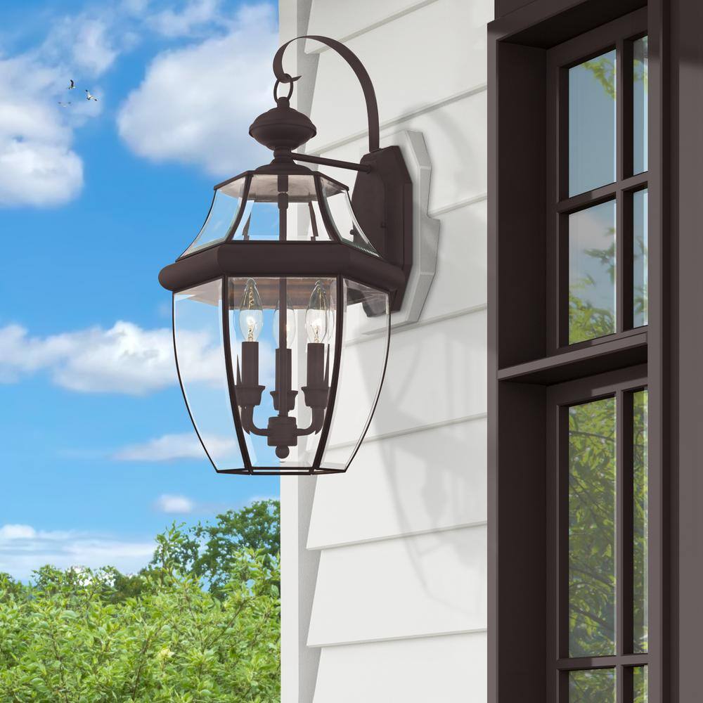 Bronze 3-Light Outdoor Wall Lantern with Clear Beveled Glass