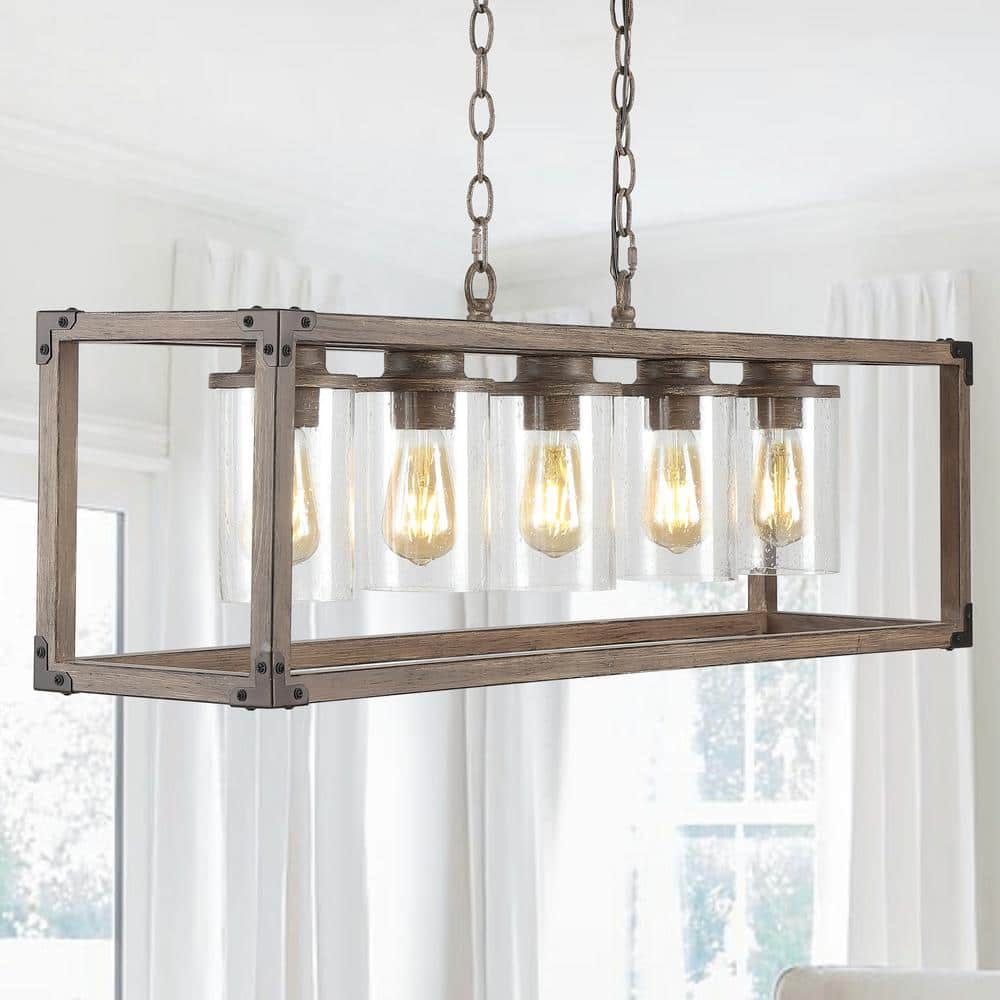 Zeniba 36 in. 5-Light Linear Adjustable Iron/Seeded Glass Rustic Farmhouse LED Pendant, Brown price history on PriceWatchPro