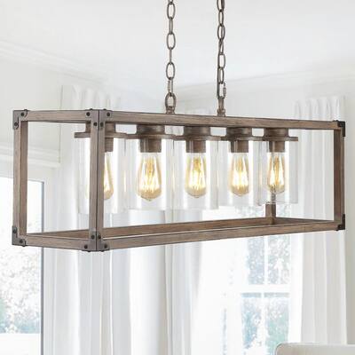 Zeniba 36 in. 5-Light Linear Adjustable Iron/Seeded Glass Rustic Farmhouse LED Pendant, Brown