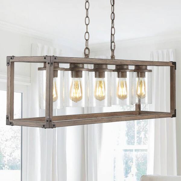 JONATHAN Y Zeniba 36 in. 5-Light Linear Adjustable Iron/Seeded Glass Rustic Farmhouse LED Pendant, Brown