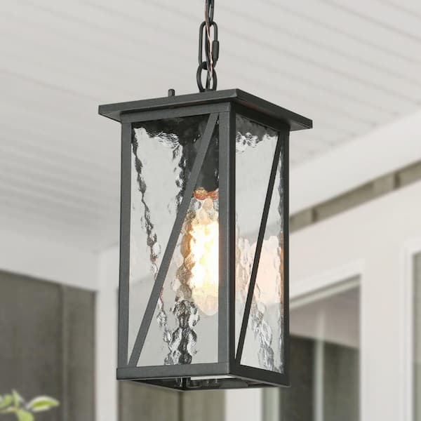 LNC Modern 12.5 in. 1-Light Black Outdoor Pendant Light with Clear Water Glass Shade for Covered Indoor and Outdoor Spaces