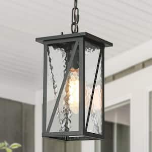 Modern 12.5 in. 1-Light Black Outdoor Pendant Light with Clear Water Glass Shade for Covered Indoor and Outdoor Spaces