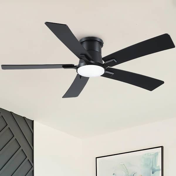Modern 52 in. Indoor Black Flush Mount Ceiling Fan with Integrated LED Light, Remote Control and 5 Reversible Blades