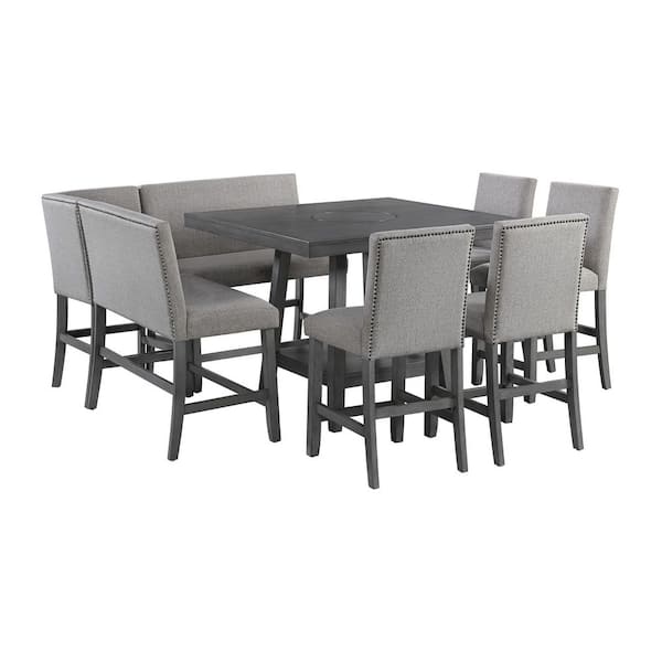 Picket House Furnishings Hester 8PC Counter Height Dining Set in Grey-Table, Four Chairs and Complete Bench