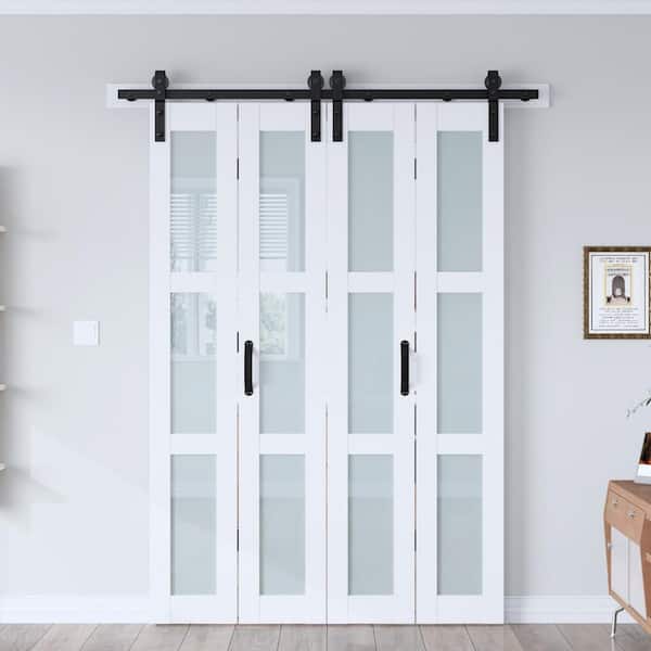 56 in. x 84 in. 3-Lite Tempered Frosted Glass Solid Core White Finished MDF Wood Bi-Fold Door with Hardware Kit