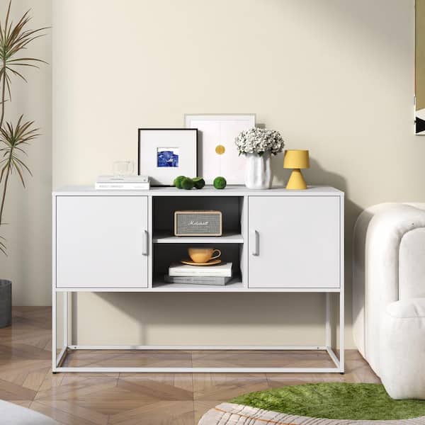 Tileon White Metal Buffet Sideboard Storage Cupboard with Magnetic Doors & Open Shelves for Kitchen, Dining Room, Living Room