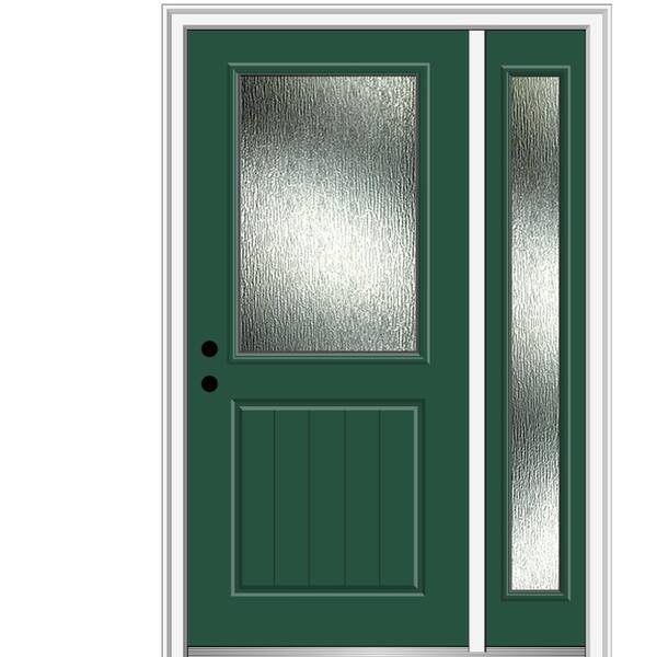 MMI Door 50 in. x 80 in. Right-Hand Inswing Rain Glass Hunter Green Fiberglass Prehung Front Door on 4-9/16 in. Frame