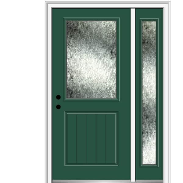 MMI DOOR 48 in. x 80 in. Right-Hand Inswing Rain Glass Hunter Green Fiberglass Prehung Front Door on 6-9/16 in. Frame