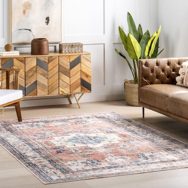 Fading Oriental Spill Proof Washable Light Rust 9 ft. x 12 ft. Indoor Area Rug