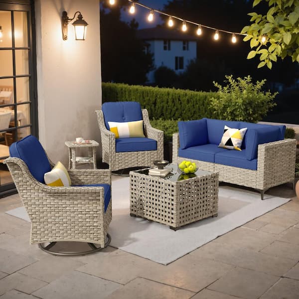 XIZZI Zephyr 6 Pieces Wicker Outdoor Rocking Chair Set with Navy Blue Cushions
