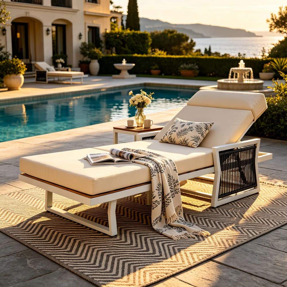 Fred White Metal Outdoor Patio Chaise Lounge with Beige 4-Fold Cushion and Black Rope Armrests price history on PriceWatchPro