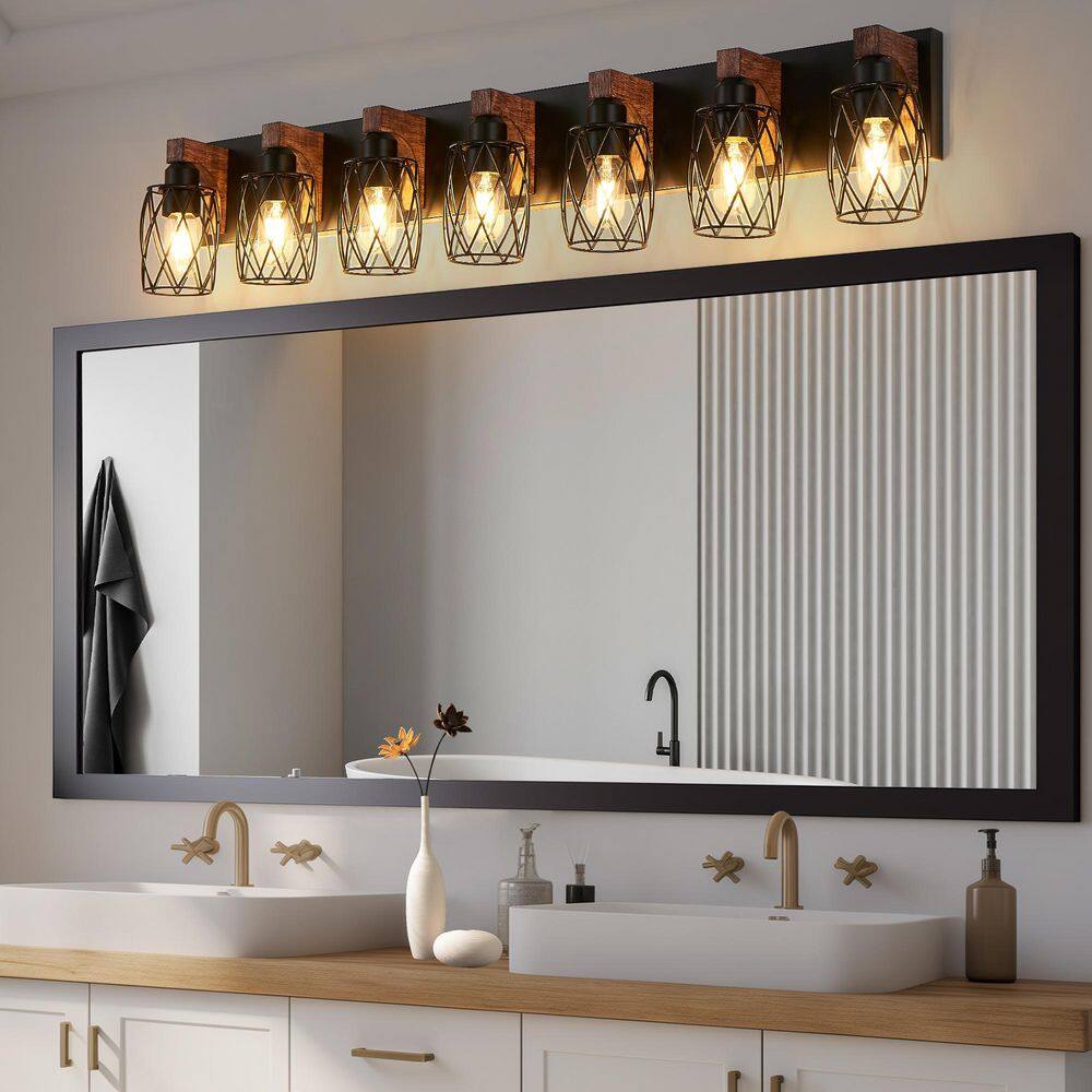 44.3 in. 7-Light Walnut Black Cage Vanity Light, Farmhouse Rustic Wall Lighting with Wooden Accents for Bathroom price history on PriceWatchPro