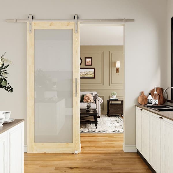 32 in. x 96 in. 1-Lite Frosted Glass Unfinished Solid Pine Wood Sliding Barn Door with Hardware Kit Nickel Plated
