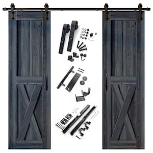 22 in. x 84 in. X-Frame Navy Double Pine Wood Interior Sliding Barn Door with Hardware Kit Non-Bypass