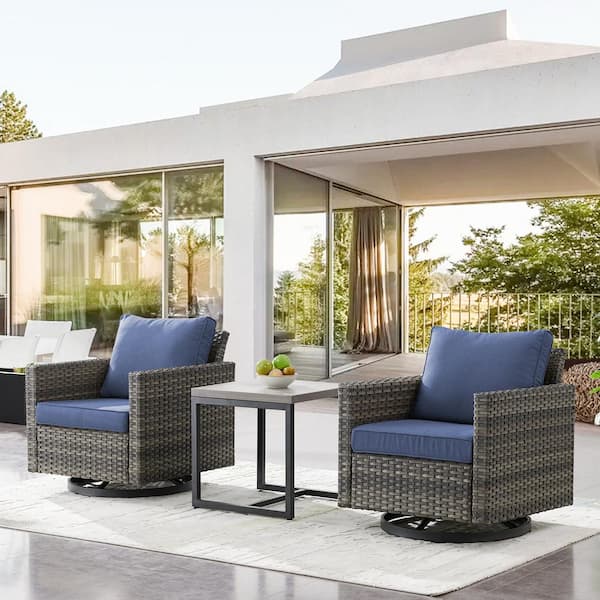 Opohoro Gray 3-Piece Wicker Patio Conversation Set, Outdoor Swivel Rocking Chairs with Side Table and Blue Cushions for Balcony