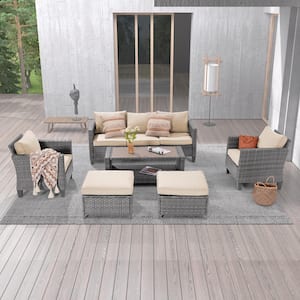 6-Piece Gray Wicker Outdoor Conversation Seating Sofa Set with Coffee Table, Linen Flax Beige Cushions