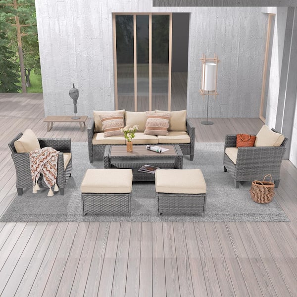 JOYESERY 6-Piece Gray Wicker Outdoor Conversation Seating Sofa Set with Coffee Table, Linen Flax Beige Cushions