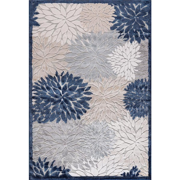 CAMILSON Blossom Indoor Outdoor Rug Floral Exotic Tropical Non-Shedding Rug Navy Blue 7'10 x 10