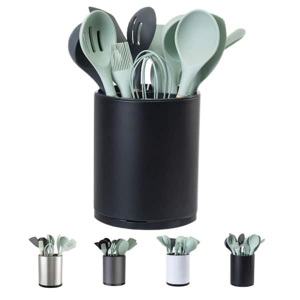 Stainless Steel Utensil Holder in Black with 360° Rotating Base and Extra Large Storage Capacity