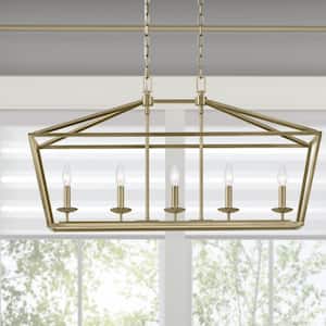 Weyburn 5-Light Brushed Brass Caged Rectangular Chandelier, Linear Farmhouse Dining Room Pendant, Lantern Island Light