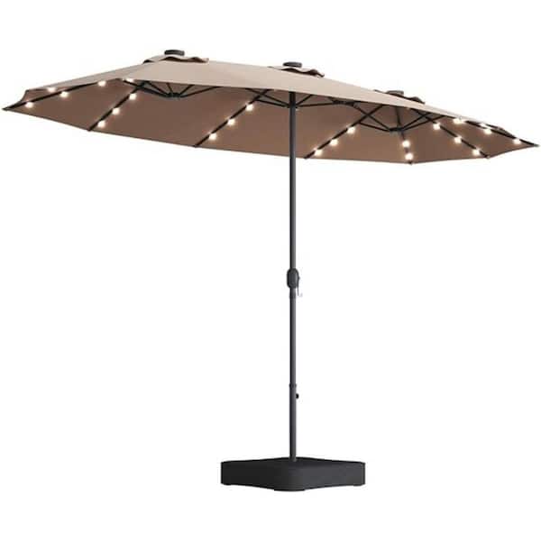 Unbranded 15 ft. x 9 ft. Taupe Metal Double-Sided Outdoor Market Umbrella with Light, Base