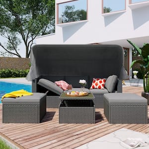 Gray 4-Piece Wicker Outdoor Sectional Set with Gray Cushions