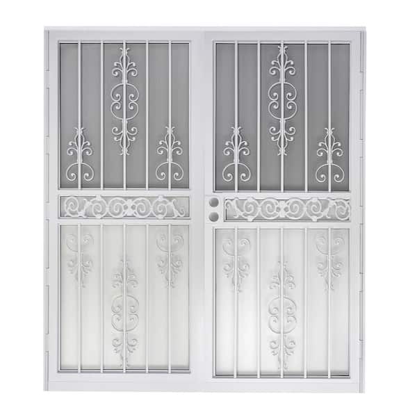 72 in. x 80 in. White Spanish Lace Double Door Outswing Unit w/Active Hinged Right/Left Hand Passage Steel Security Door