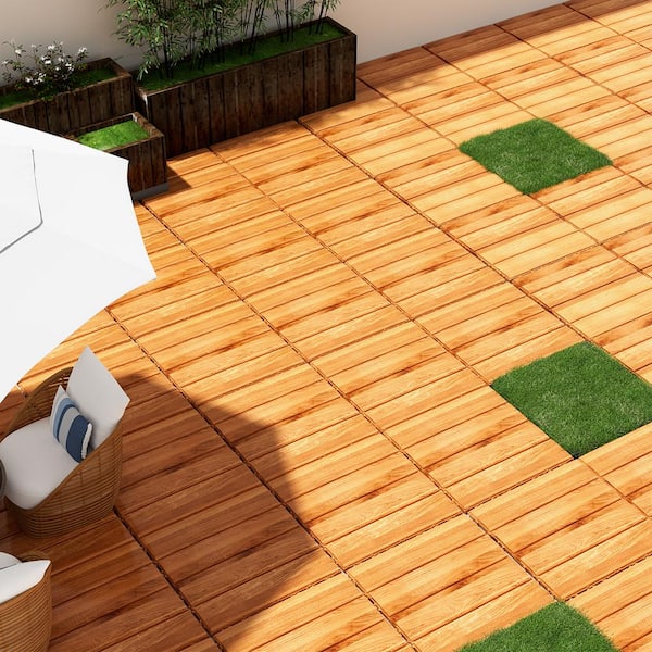 YOFE 1 ft. x 1 ft. 36-Piece Wood-Plastic Carbonized Deck Tiles and 8-Pieces Artificial Grass Tiles in Natural 2 (44 Per Case)