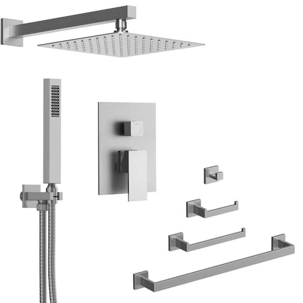 Pressure Balance 2-Spray Dual Wall Mount Fixed and Handheld Shower Head 2.5GPM with Towel Rack Set in Brushed Nickel