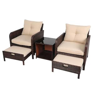5-Piece Wicker Lounge Chair Outdoor Rattan Patio Conversation Set with Ottoman and Beige Soft Cushions