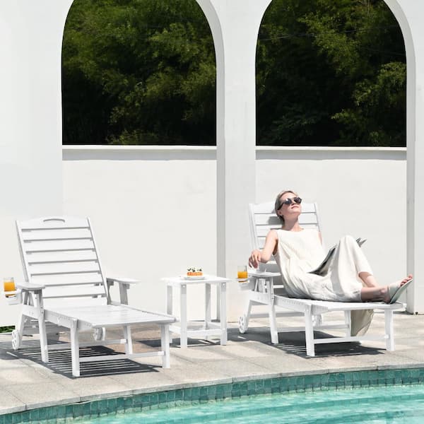 Lounge Chair Ourdoor with 6-Position Adjustable Back, HDPE Patio Chaise with Wheels and Cup Holder, White, 2 Pack