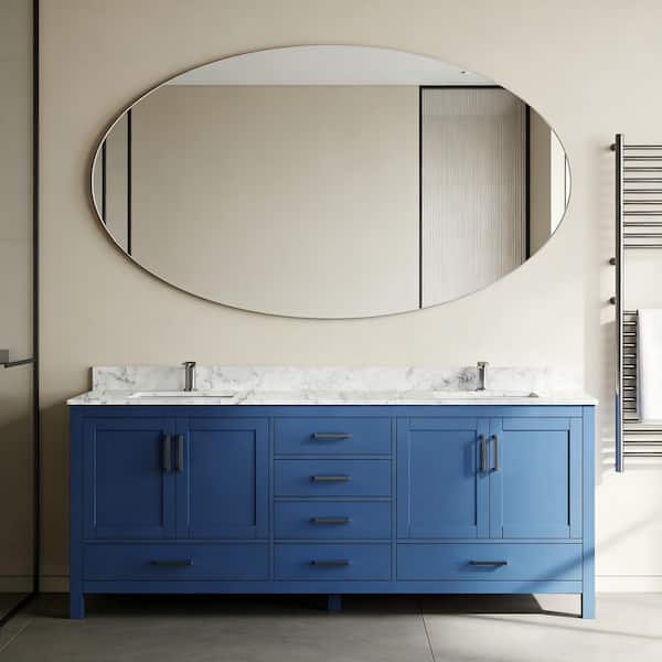 84 in. W x 22 in. D Solid Wood Freestanding Blue Bath Vanity with Carrara White Marble Top and Double Ceramic Sink