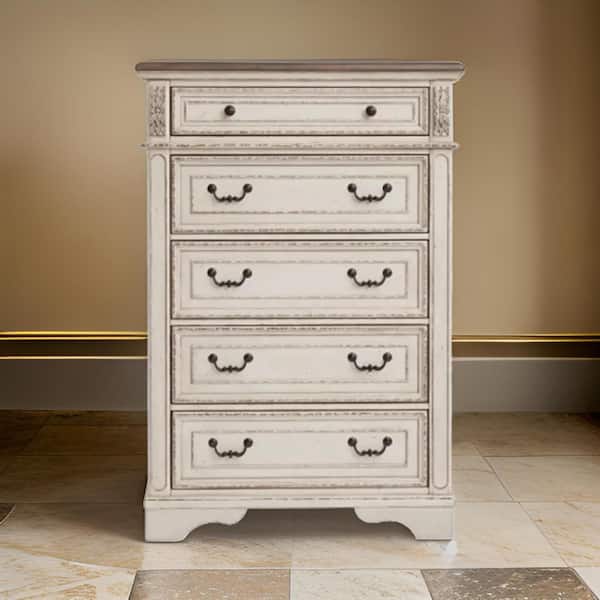 White and Black and Brown 5-Drawers 38 in. Dresser Without Mirror