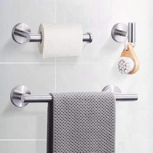 Stainless Steel 3 -Piece Bath Hardware Set with Towel Hook, Toilet Paper Holder and 12 in. Towel Bar in Brushed Nickel