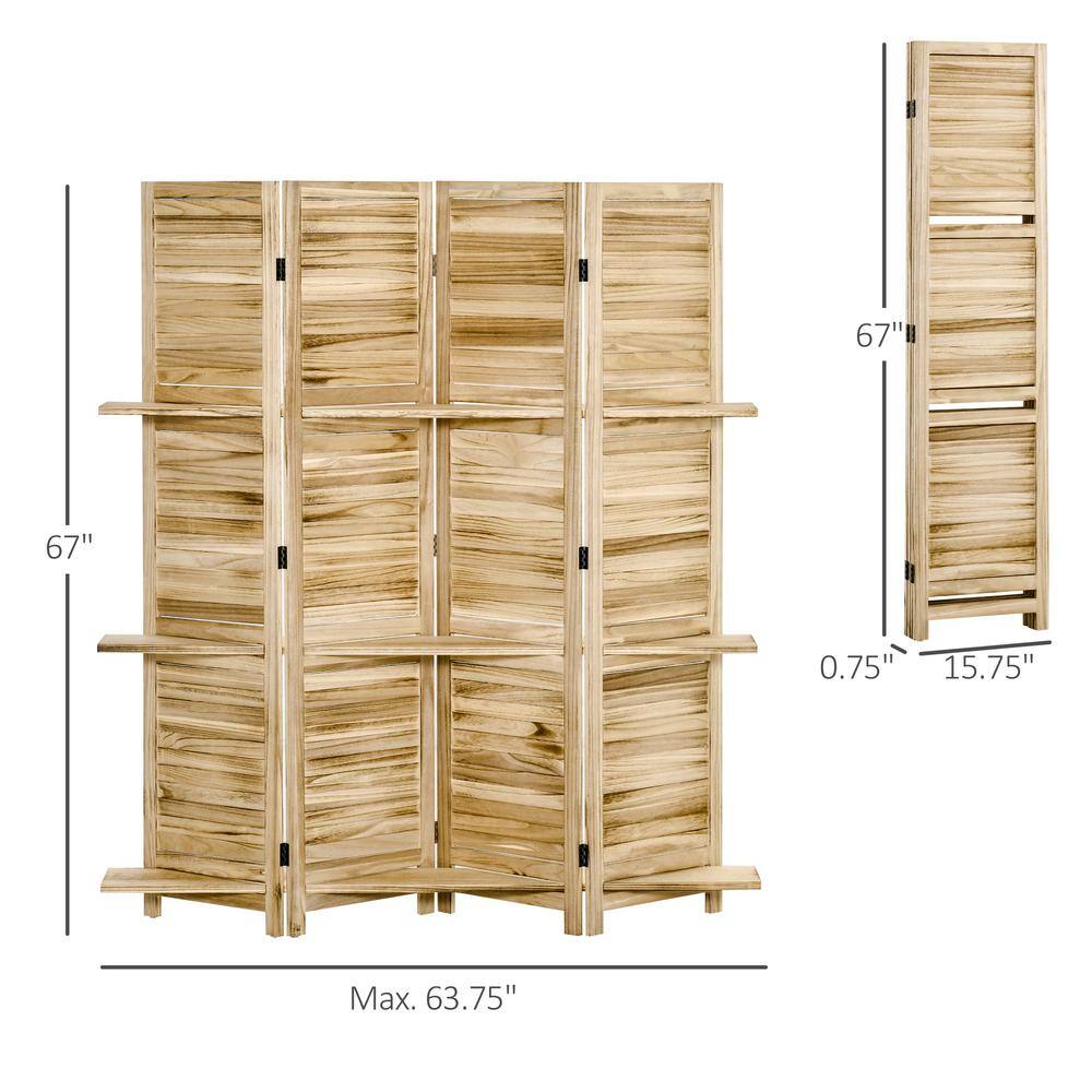Natural Light Wood 4-Panel Folding Room Divider with Shelves