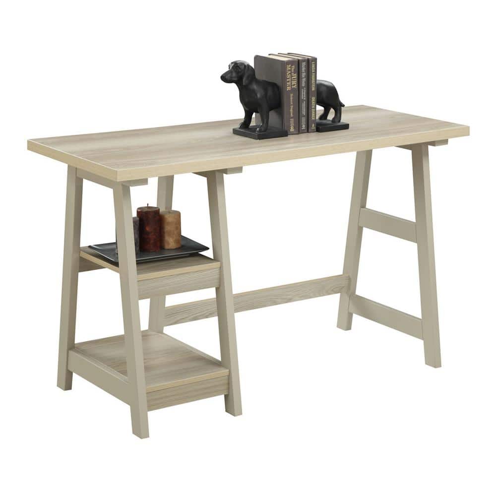 Weathered White Wood Trestle Writing Desk with Shelves