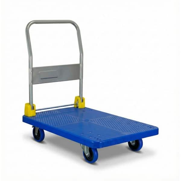 Amie 880 lb. Blue Heavy-Duty Steel Foldable Push Hand Truck, Platform Dolly with Rear Brake Wheels, Swivel Casters