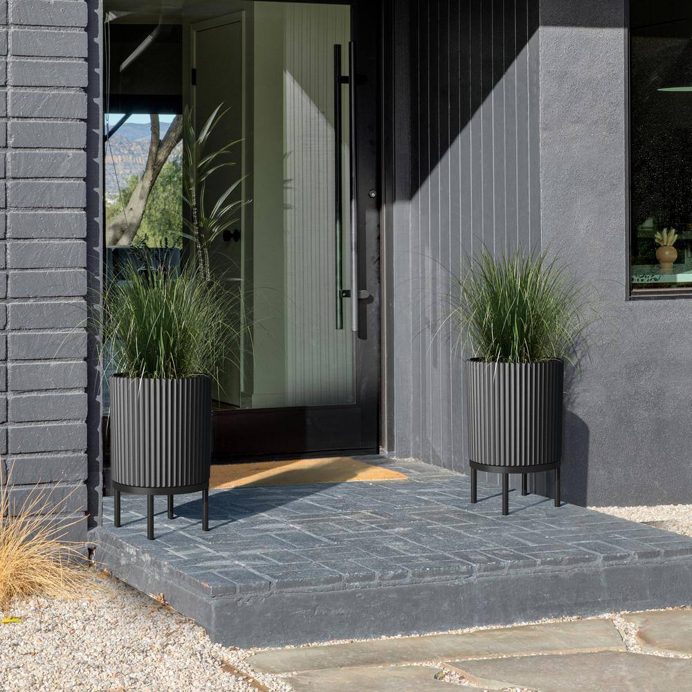 Black Fluted Concrete-Composite Planter with Acacia Wood Stand