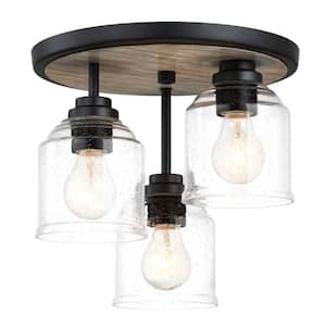 12 in. 3-Light Modern Black and Wood Grain Flush Mount Ceiling Light with Seeded Glass Shades