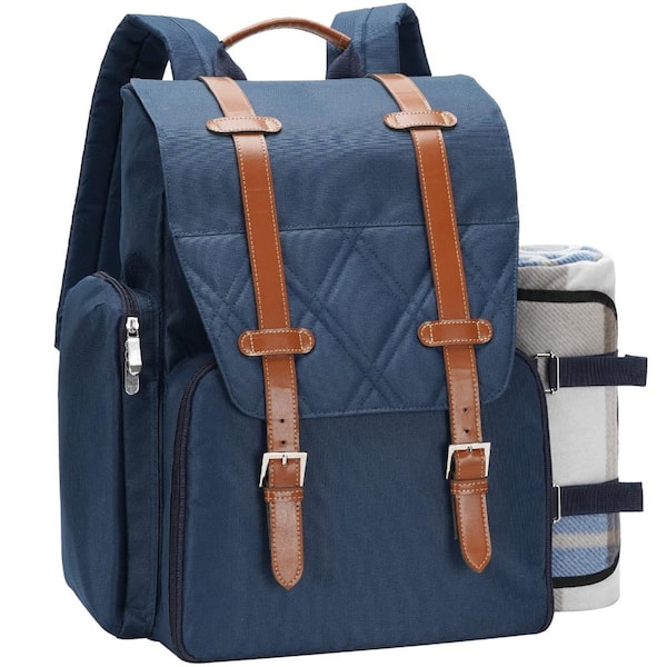 Picnic Backpack for 4 Person with Insulated Cooler Compartment, Waterproof Picnic Blanket, Cutlery Set, Navy Blue