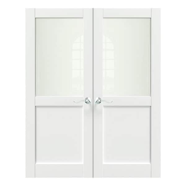 TENONER 64 in. x 80 in. MDF Composite, Primed, White, 1/2 Lite, Frosted Glass Interior Door Slab with Silver Curved Doorknob