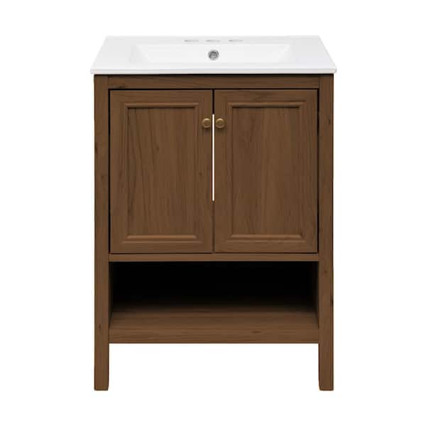 Chateau 24 in. Freestanding Bathroom Vanity in Brown Oak with White Ceramic 3-Hole Centerset Sink Top