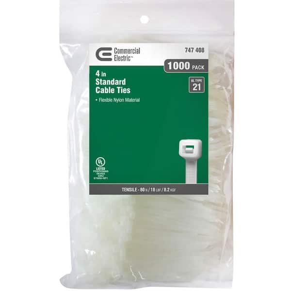 Commercial Electric 4in Miniature Standard UL 21 Rated Cable Zip Ties 1000 Pack Natural (White)
