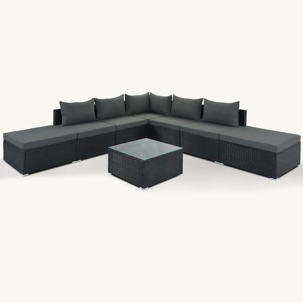 Sudzendf Black 8-Piece Wicker Outdoor Patio Conversation Sofa Set with Gray Cushions