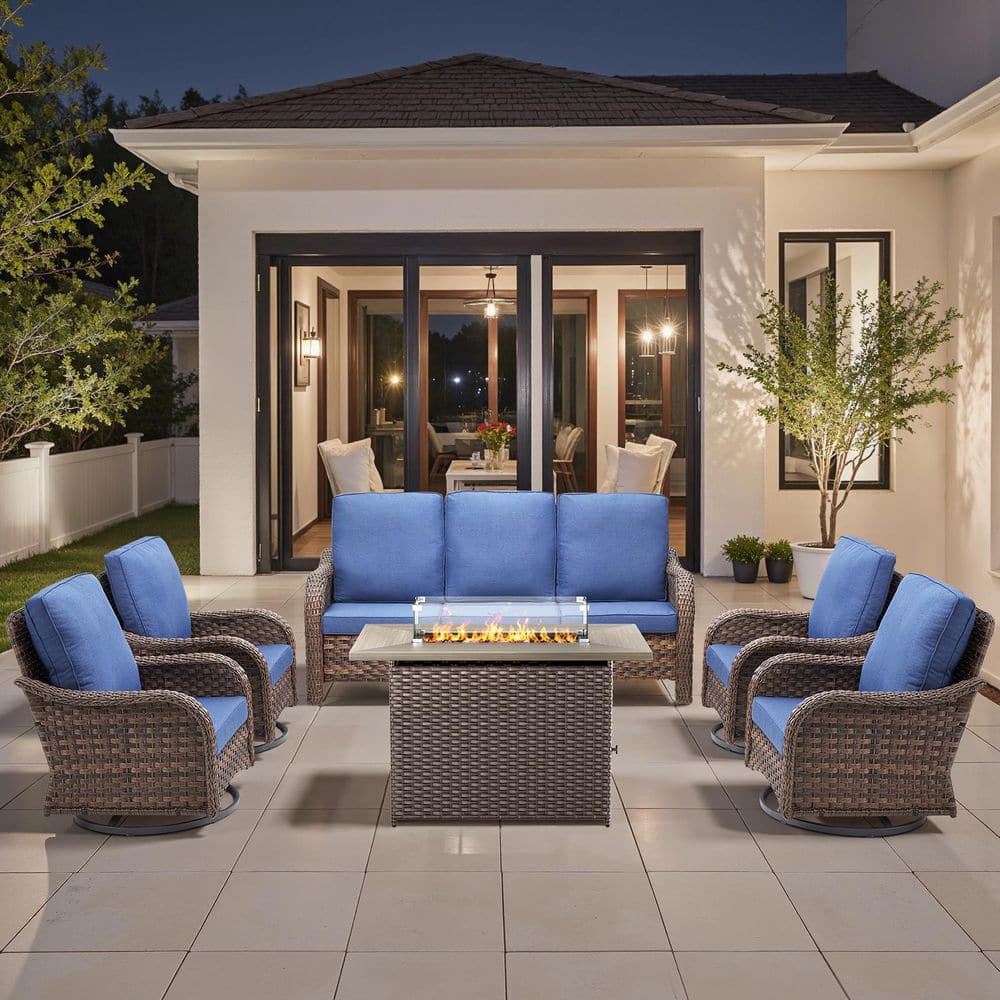 RoundEase 6-Piece Brown Wicker Fire Pit Conversation Set with Olefin Bule Cushions and Curved Arm Swivel Glider Chairs price history on PriceWatchPro