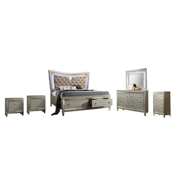 Best Quality Furniture Venetian 6-Piece Champagne Eastern King Bedroom Set